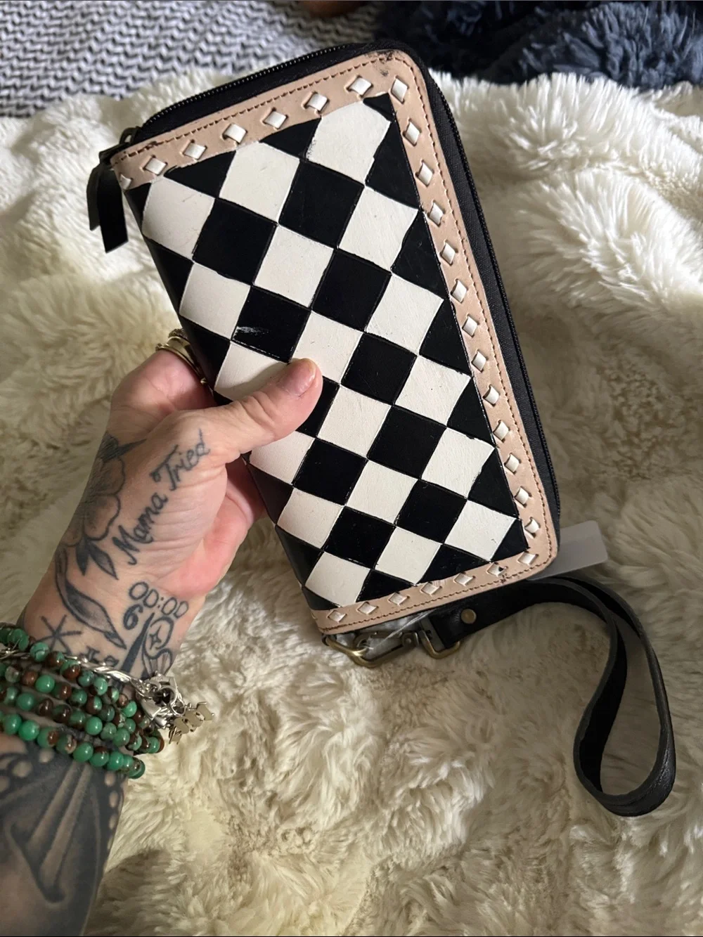 Hand painted leather Black & White Checkered Wristlet Clutch - Neutral Trim